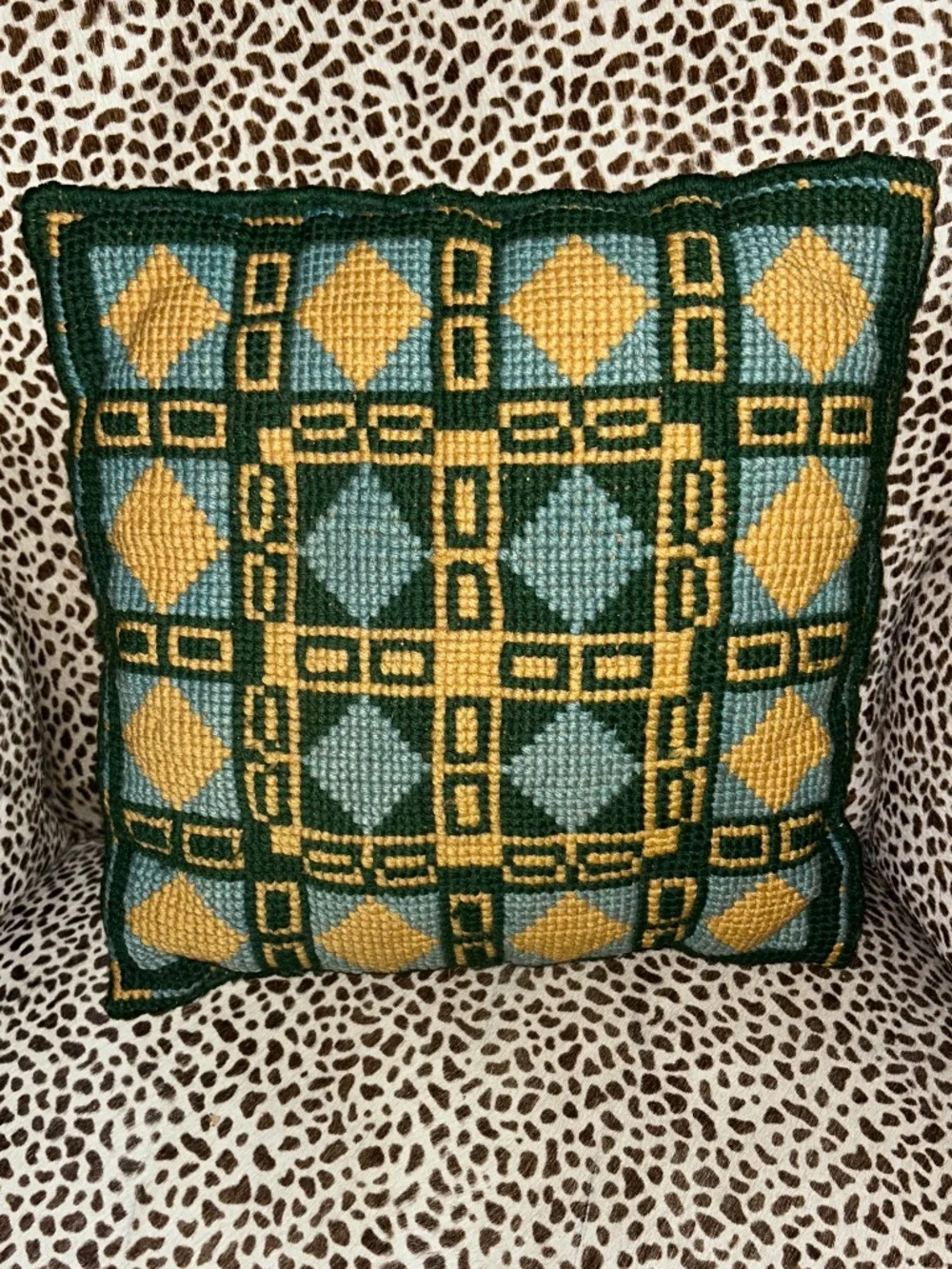 Antique aqua green crewel hand needlepoint accent pillow